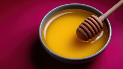 Bowl of honey with wooden dipper placed on a vibrant surface