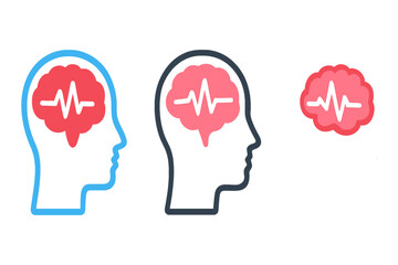 Brain activity monitoring icons set with heartbeat line in human head silhouette