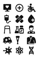 Medical and healthcare icons set heart monitor, first aid, wheelchair, iv, bandage, blood drop, walker, medicine, doctor, ambulance, crutch, scrubs, virus, atom, dna