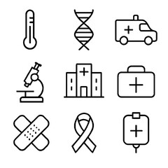 Medical and healthcare icons set thermometer, dna, ambulance, microscope, hospital, first aid kit, bandage, awareness ribbon, iv bag