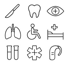 Set of medical and healthcare line icons scalpel, tooth, eye, lungs, wheelchair, bed, test tubes, first aid star, hearing aid