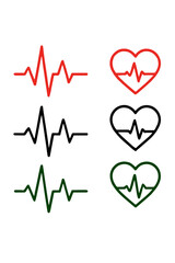 Set of heartbeat line and heart icons with ecg waveform