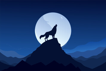 Wolf Howling at Full Moon on Mountain Peak Silhouette Night Sky