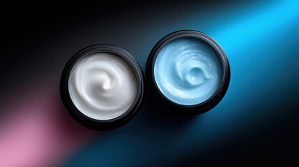 Different creams in small jars placed on dark surface with light