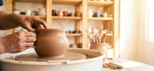 Potter shapes a clay pot in a workshop with tools and shelves in the background during daylight hours