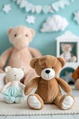 A nursery room features plush toys arranged on a soft surface. There are several cute bears and a gentle backdrop with soft colors. This space is designed for children to enjoy
