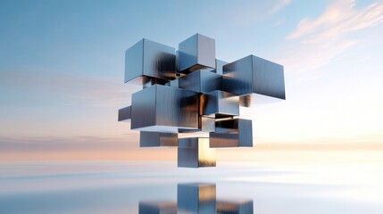A complex arrangement of stacked metallic cubes with brushed surfaces floats in a reflective environment against a soft sky background
