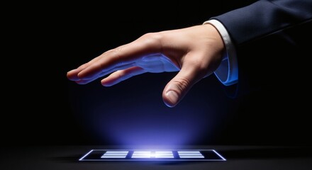 Businessman hand hovering over glowing digital menu grid interface on dark background.