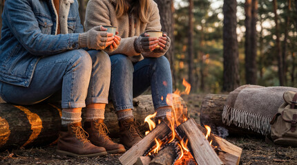 Two people sit by a campfire in the woods during the evening, enjoying warm drinks and the warmth of the fire while talking and relaxing