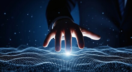 Human hand reaching towards glowing digital data wave mesh in dark abstract environment.