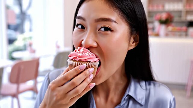 A young Asian woman eats a pink cupcake in a bright cafe. This scene captures a moment of joy and indulgence, reflecting a positive lifestyle. Ideal for food marketing and social media.