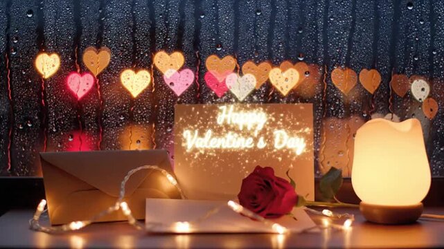 A romantic video setup with a brown envelope, a red rose, and a lit lamp on a table with heart-shaped lights in the background for a special video message or proposal
