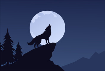 Wolf Howling at Full Moon Silhouette on Mountain Peak