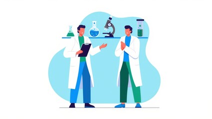Flat vector illustration of two scientists in lab coats discussing research findings in a laboratory. Science and collaboration concept.