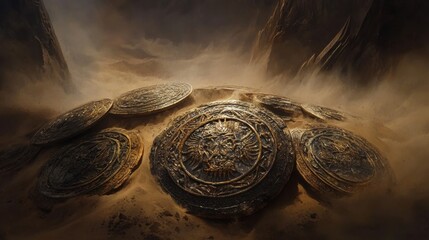 A collection of tarnished ancient gold and bronze medallions with intricate engravings rests upon a dusty desert landscape