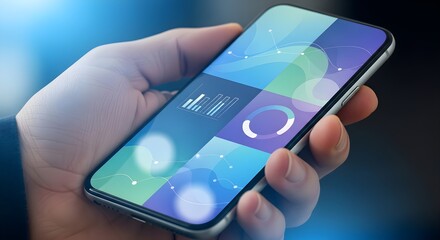 A person holding a smartphone with a colorful screen in their hand