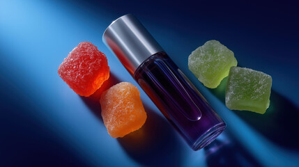 Glass bottle and colorful cubes on blue surface during a still life setup