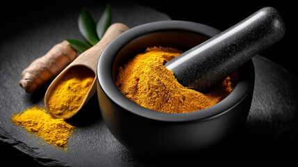 Grinding turmeric root to make powder in a stone bowl