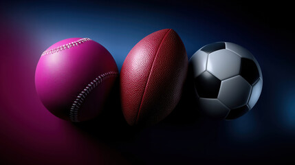 Different types of sports balls arranged on a dark surface