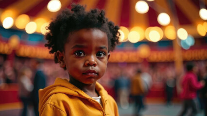 Joyful African American boy at the circus with colorful big top tent in background celebrating World Circus Day. Excited child enjoying magical performance