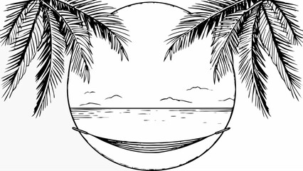 Black and white vector beach composition with palm trees and hammock