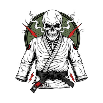 BJJ Skull Samurai Illustration &ndash; Tattoo Style Skull Wearing Brazilian Jiu-Jitsu Gi with Katana and Dark Martial Vibe

