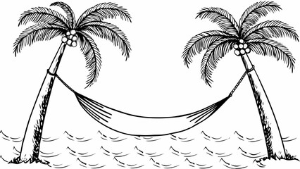 Monochrome hammock between two palm trees on beach