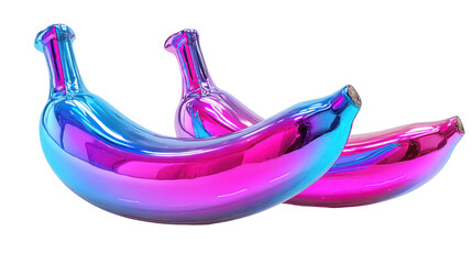 Two glossy neon bananas with vibrant pink and blue reflections on transparent background