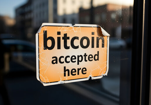 Bitcoin accepted here retail sticker on glass shop window indicating cryptocurrency payment option