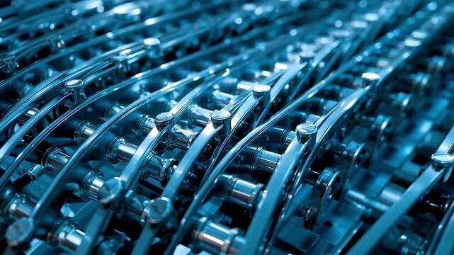 High detail industrial metal machinery with repeating mechanical components and precision engineered structure showing advanced manufacturing complexity