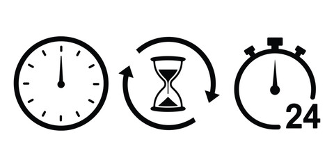 Time Management Icons Set – Clock, Hourglass, and 24-Hour Stopwatch Vector Symbols