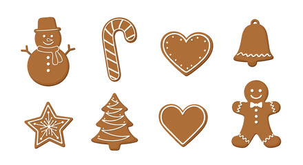 Fototapeta premium Collection of assorted brown gingerbread cookies in various Christmas shapes like a snowman, tree, bell, and star on white background.