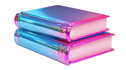 Two glossy neon books with vibrant pink and blue reflections on transparent background