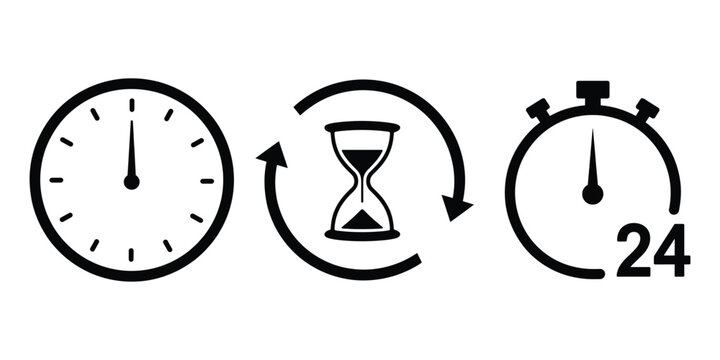 Time Management Icons Set &ndash; Clock, Hourglass, and 24-Hour Stopwatch Vector Symbols