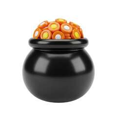 Black Pot Filled with Orange Coins Richness and Wealth Concept