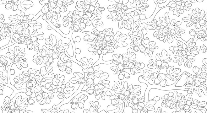 Minimalist seamless pattern featuring line drawings of fig tree branches with fruit and leaves on a clean white background design.