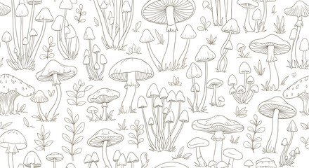 Fototapeta premium Detailed hand-drawn sketch pattern showcasing various species of mushrooms and wild plants in a rustic monochrome vintage illustration style.