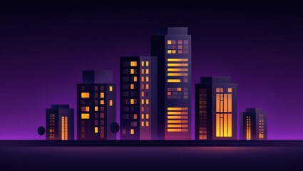 Naklejka premium Digital illustration of a modern city skyline at night featuring tall buildings with illuminated windows against a purple background. Urban night scene.