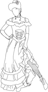 Elegant woman in vintage dress line art illustration