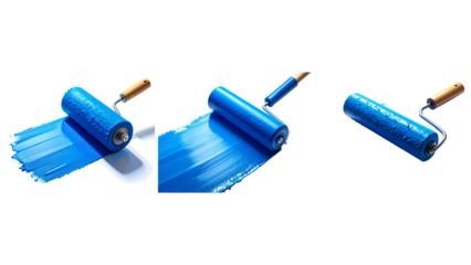 3D angled view of a paint roller mid-stroke applying bright blue paint, textured roll