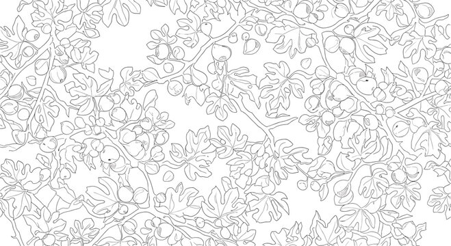 Seamless pattern featuring branches of fig trees with ripe fruits and large leaves in a minimalist black line art style.