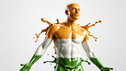 indian flag colure men splash milk Human Figure Created from Flowing Milk, Dressed in the Sacred Saffron, White, and Green of the Indian National Flag
