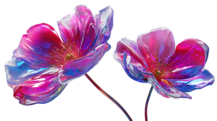Two glossy neon flowers with vibrant pink and blue reflections on transparent background