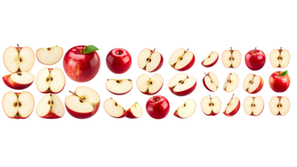 Collection of fresh red apples in various formswhole, sliced, and halved shown