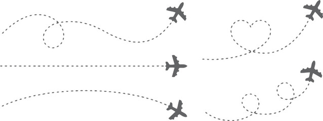 Airplane route with dotted flight path. Flying plane symbol with twisted, curved, straight and heart shape dashed trace path. Transparent png and vector illustration © Nasima