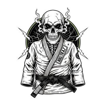 BJJ Skull Samurai Illustration &ndash; Tattoo Style Skull Wearing Brazilian Jiu-Jitsu Gi with Katana and Dark Martial Vibe


