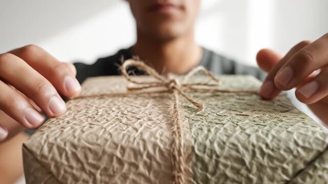 Close up of hands holding a gift wrapped in recycled paper and twine. Symbolizes thoughtful gifting and celebration of special occasions. Ideal for holiday promotions or social media content.