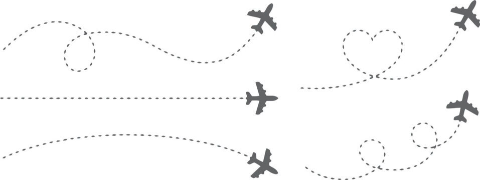Airplane route with dotted flight path. Flying plane symbol with twisted, curved, straight and heart shape dashed trace path. Transparent png and vector illustration