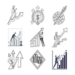 Fototapeta premium Business Growth Icons: A collection of various icons representing the concepts of business growth and financial success, suitable for use in presentations, infographics, and other design projects.