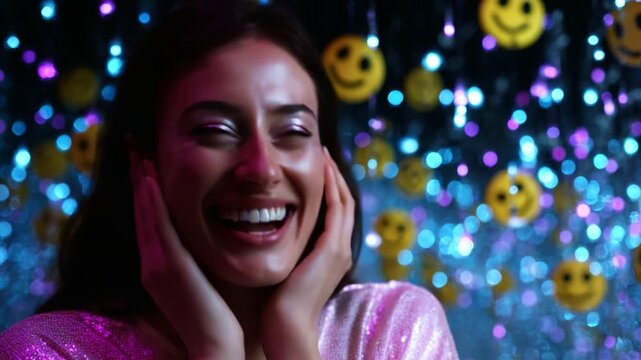 Joyful Celebration of Happiness and Radiant Expression Captured in Two Frames, Featuring a Woman Embracing Laughter Against a Sparkling Background with Playful Smiley Faces and Colorful Lights